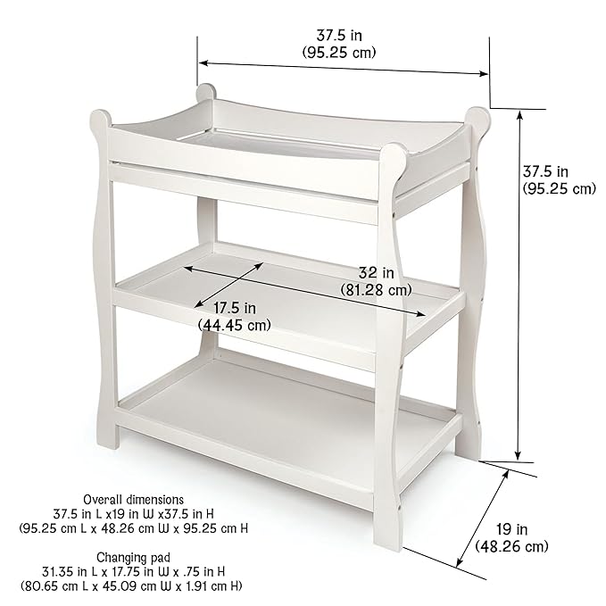 Badger Basket Sleigh Style Baby Changing Table - Nursery Diaper Station with Safety Rails, Foam Pad, and Two Storage Shelves - Nursery Organizer - White