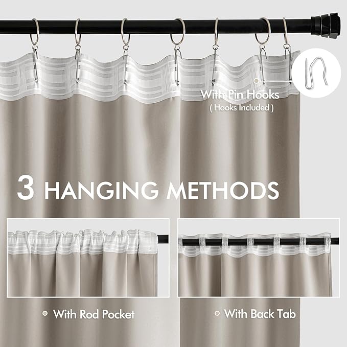 MIULEE Natural Back Tab Blackout Curtains 72 Inches Long 2 Panels Set for Living Room Bedroom Privacy, Rod Pocket/Pinch Pleat Thermal Insulated Room Darkening Pleated Light Blocking Drapes