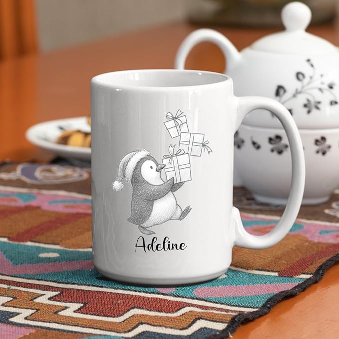 Personalized Penguin Accent Coffee Cup With Name, Cute Penguins Ceramic Mug Gift For Granddaughter Grandson Birthday, Customized Name Penguin White Coffee Mug 11 15 Oz, Novelty Penguins Lover Teacup