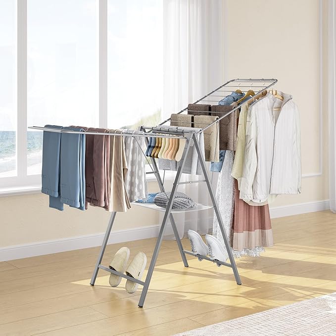 APEXCHASER Drying Rack Clothing, Clothes Drying Rack Foldable, Metal Laundry Drying Rack Collapsible for Sweater Towel Indoor & Outdoor, Height Adjustable Gullwing Clothes Airer, Grey