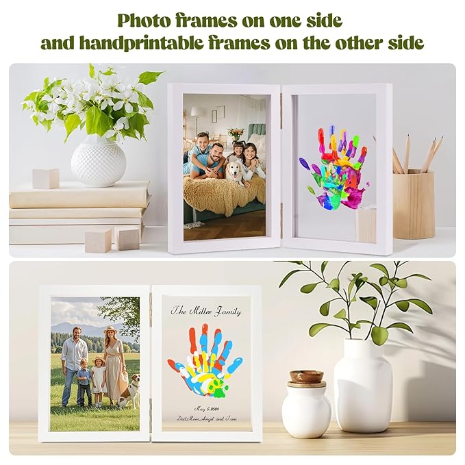 Family Handprint Kit, DIY Baby Hand and Footprint Handmade Keepsake Wooden Frame, Family Gifts with 5 Non-Toxic Baby-Safe Paint, Ideas Gift for New Parents, Grandparents, Father's Day, Mother's Day