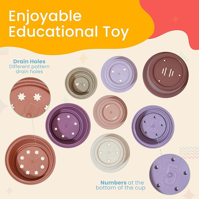 Stacking Cups Baby Toy Educational Cup Stacking Set 8-Pc Stackable Cups with Number Rainbow Nesting Cups for Babies 6-12 Months Stacking Cups for Toddlers 1-3 Perfect for Indoor/Outdoor