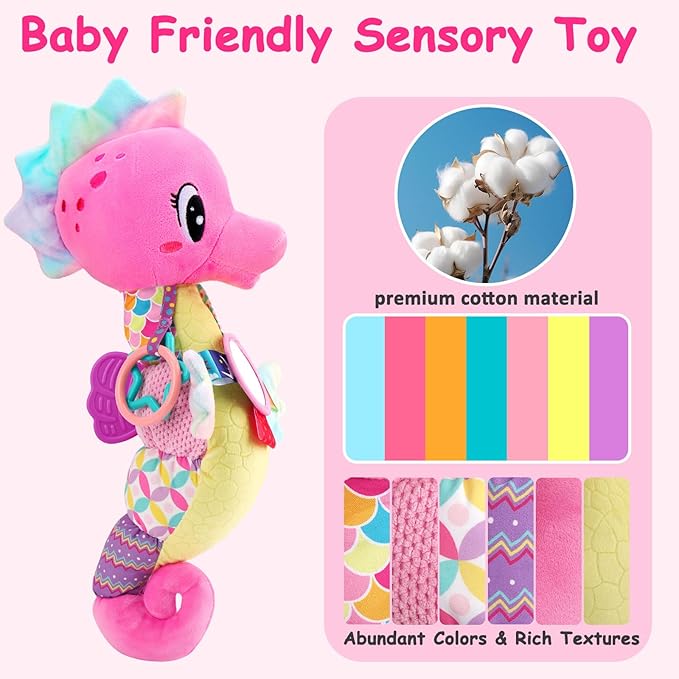 Baby Sensory Toys 0-6 3-6 Months Musical Stuffed Animal Plush Pink Seahorse for Infant 6-12 Month Tummy Time with Baby Mirror Newborn Crinkle Developmental Toy Girls Boys Birthday Gifts 0-3 4 5 Month