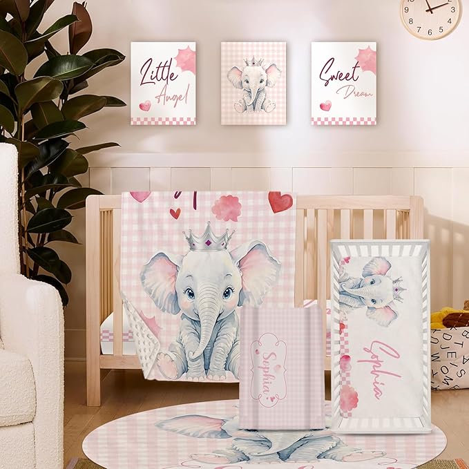 Personalized Nursery Crib Bedding Set: Custom Name Pink Checkered 5 Piece Baby Crib Sets with Cute Elephant Pattern - Toddler Double Layer Blanket Set, Comfortable Crib Bed Sheets for Baby Grils