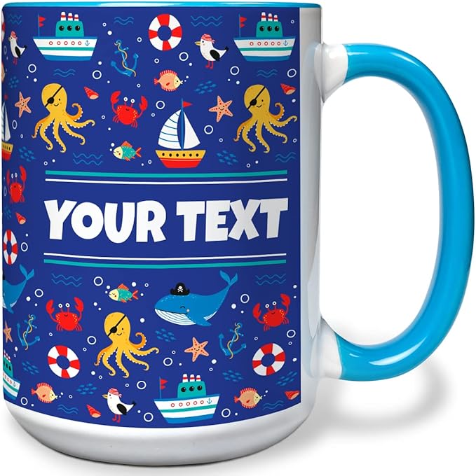 Personalized Mug for Kids - Nautical - Custom Name/Text, Ceramic Hot Chocolate/Cocoa/Coffee Cup for Boys/Girls, Birthday/Christmas/Holiday Gift - 15 oz, Light Blue Handle