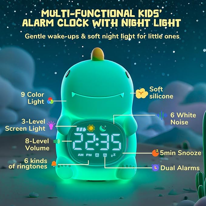 TCJJ Kids Sleep Training Alarm Clock with Night Light - OK to Wake Clock & Sound Machine, Rechargeable Silicone Animal Lamp for Boys Girls Bedroom (Dinosaurs)
