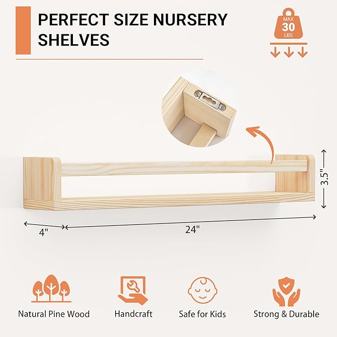 Heimlove Nursery Floating Shelves, Wood Nursery Book Shelves for Wall, 24 inch Wall Bookshelf for Kids Solid Wood for Books,Toys and Decor Storage, Set of 3