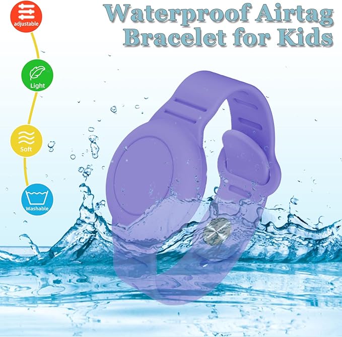 Kids Waterproof Airtag Bracelet Compatible with Apple AirTag, Hidden Silicon Protective Case for Air Tag GPS Tracker Holder, Adjustable Anti-Lost Watch Band for Toddler Child (Dark Purple)