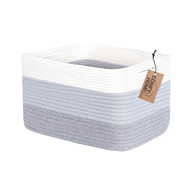 COMFY-HOMI Cotton Rope Woven Basket with Handles for Shelves,Toys,Book, Cloth Storage Baskets Bin for Organizing-13.5"x11"x9.5" Toy Decorative Organizer for Living Room, Bathroom-White/3Tone Grey
