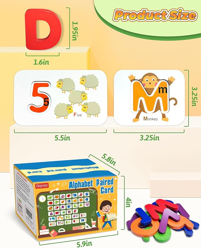 Gojmzo Alphabet Flash Cards, ABC Learning Toys for Kids 3-5, Wooden Letters Number Blocks Sight Words Matching Game, Toddler Preschool Learning Activities, Montessori Educational Toys for 3+ Year Old