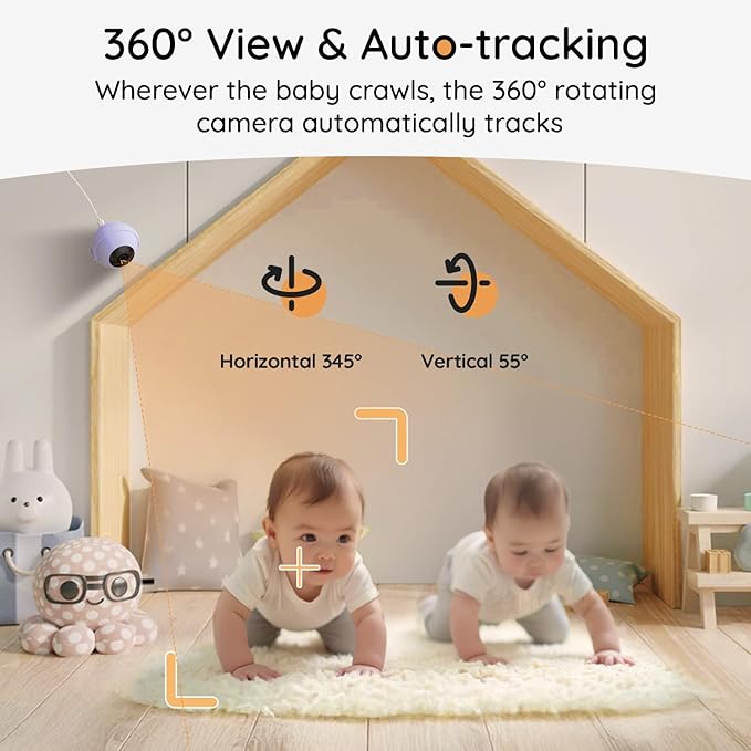 BOIFUN Additional Baby Camera Specifically Compatible with Baby2TM Video Baby Monitor, 360° Camera with Night Light, Auto Tracking, AI Motion & Sound Detection, Two-Way Audio