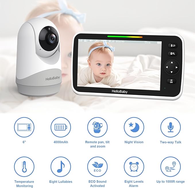 HelloBaby 6”IPS Large Screen, Video Baby Monitor with Upgraded 4000mAh Battery, 2-Way Talk, Night Vision, Pan-Tilt-Zoom, No WiFi, ECO Mode