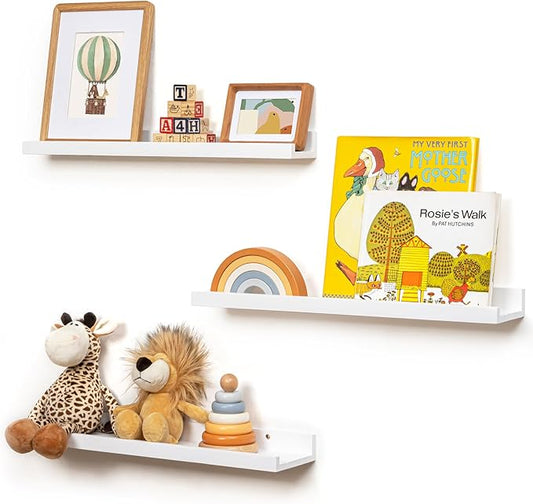 Picture Ledge Shelf for Wall, 24 inches Solid Pine Wood Nursery Book Shelves 3 Packs, Floating Ledge Shelves for Kids' Room Bedroom Bathroom Living Room Photo Frames Office Nursey Wall Decor, White
