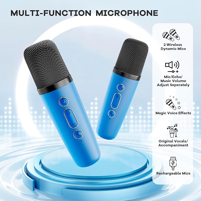 YLL Mini Karaoke Machine for Kids Adults, Portable Bluetooth Speaker with 2 Wireless Microphones, Birthday Gifts Toys for Girls Boys Ages 3, 4, 5, 6, 7, 8, 9,10,11,12+ Years Old Toddler (Royal-Blue)