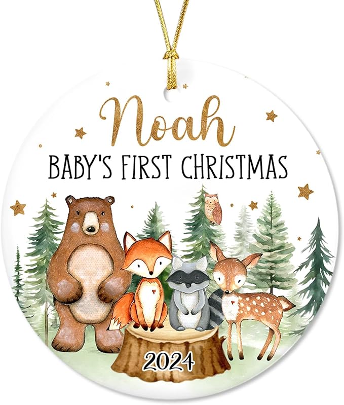 Unifury Personalized Baby First Christmas Ornament 2024, Adorable Keepsake for Babies First Christmas Tree, Holiday Decor for Celebrating Ceramic Babys 1st Christmas Ornament 2024, Woodland Animal
