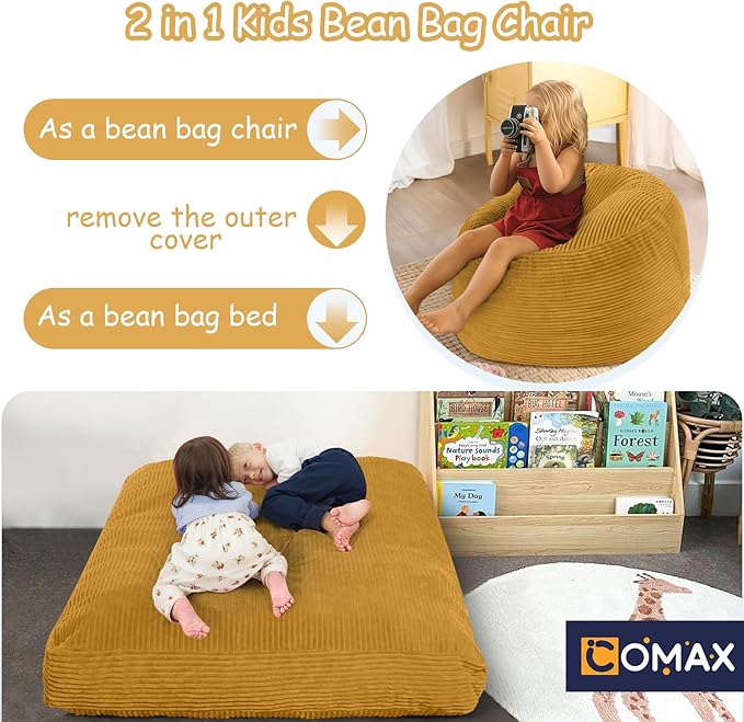 COMAX Kids Bean Bag Chair Turn into Beanbag Bed, Toddler Bean Chair Corduroy for Girl Boy Sleeping, Lazy Children Bean Bags with Filler, Convertible Child Floor Mattress, Yellow