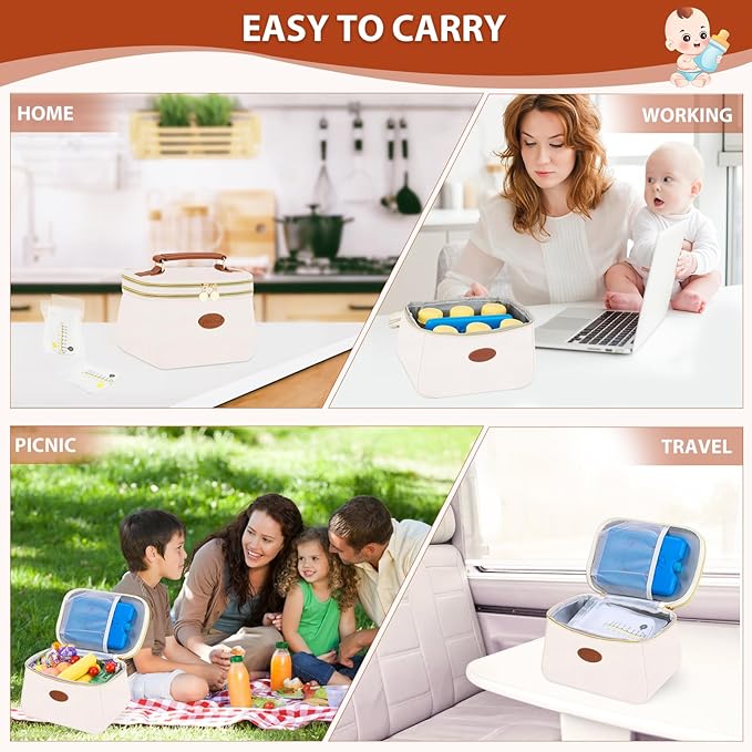 PIIOSER Breast Milk Cooler Bag with 2 Ice Pack, Fit 6 Freeze Breastmilk Storage Bags Up to 8Oz, Insulated Baby Bottles Tote Bag for Daycare and Breastfeeding Mom, Black(Cream-XS)