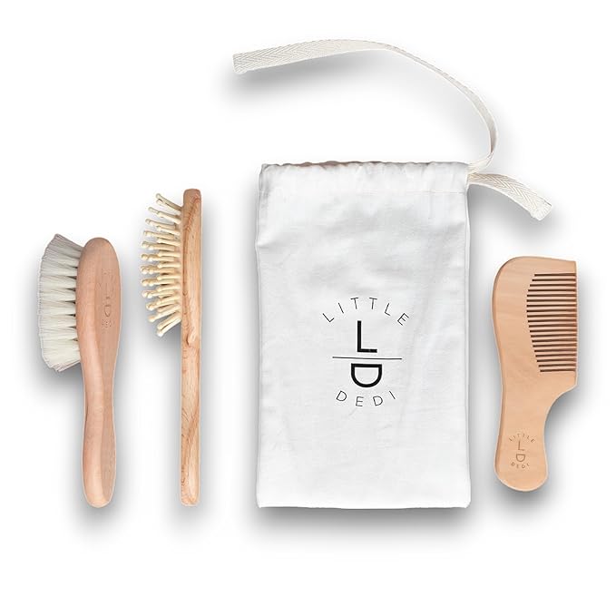 Premium Baby Hair Brush Set – Natural Goat Hair & Bamboo Bristle Brushes, Beechwood Comb, Cotton Pouch – Gentle Scalp Care for Newborns & Toddlers, Gift-Ready & Eco-Friendly