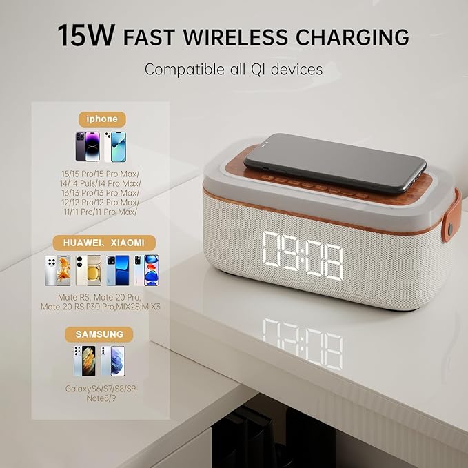 LOVME Alarm Clock Bluetooth Speaker for Bedroom, Bluetooth Stereo Sound Speaker, Fast 15W Wireless Charger, Dimmer, Night Light for Heavy Sleepers, Gift Set, Bedside(Khaki)