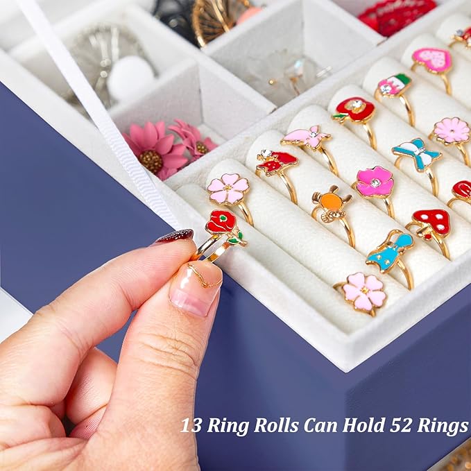 Earring Jewelry Box for Women Girls Stud Organizer, 5 Layers Navy Jewelry Organizer Box With Lock Earring Holder Organizer Ring and Necklace Jewelry Box with Earrings Holder for Women Girls