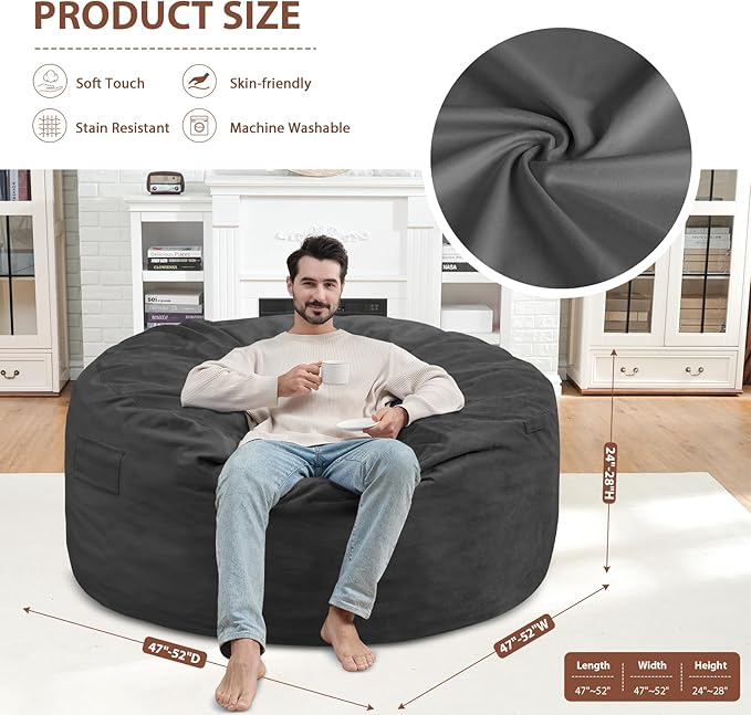 5FT Bean Bag Chair, Large Bean Bag Chairs with Memory Foam Filled, Fluffy Beanbag Sofa with Dutch Velvet Cover, Round BeanBag Chairs for Living Room, Playroom - Grey