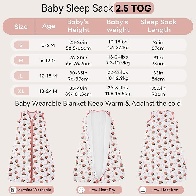 Sleep Sack 18-24 Months TOG 2.5 Winter Baby Wearable Blanket, 100% Cotton Toddler Sleeping Sack with 2-Way Zipper Warm Soft Baby Sleep Sack Strawberry