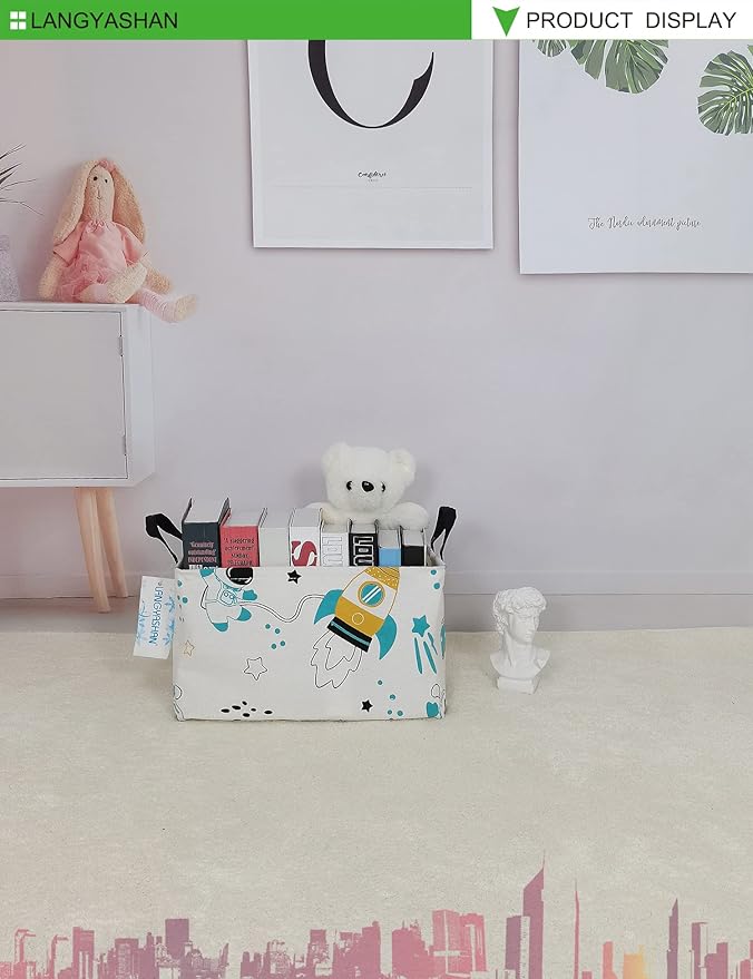 LANGYASHAN Rectangular Storage Bin Collapse Canvas Fabric Cartoon Storage Basket with Handles for Organizing Home Kitchen Boys and Girls Toys Office Closet Shelf Baskets (Rec space astronaut)
