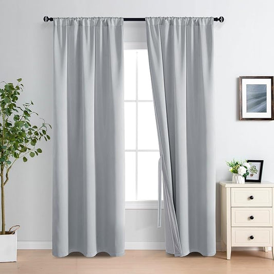 XWZO 100% Blackout Curtains with Tiebacks- 2 Thick Layers Completely Shaded Window Treatment Thermal Insulated Lined Rod Pocket Drapes for Bedroom/Laundry, Light Grey, W42 x L84, Set of 2 Panels