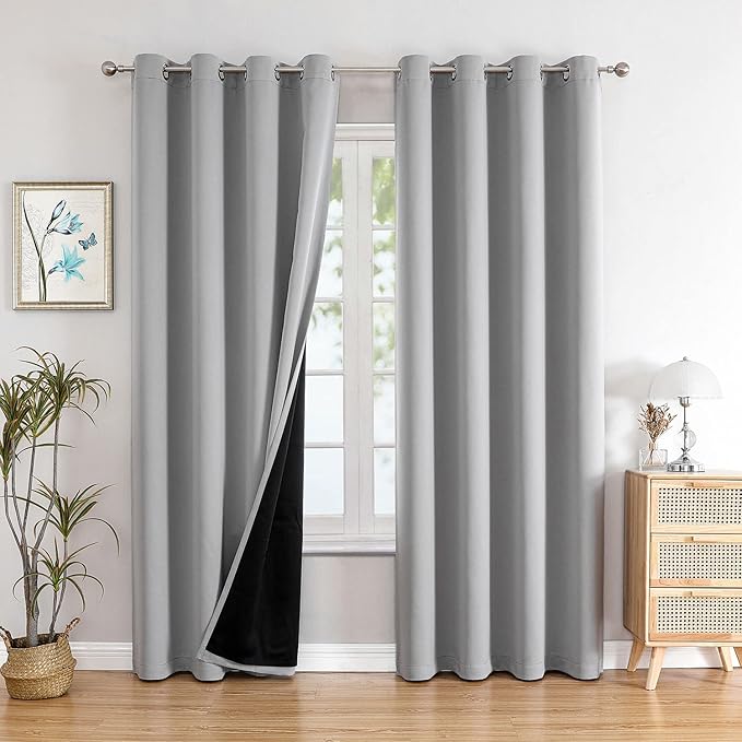 ChrisDowa 100% Blackout Curtains 80 inch Long for Bedroom with Black Liner, 2 Thick Layers Total Blackout Thermal Insulated Grommet Window Curtains 2 Panels Set (Light Grey, 52 x 80 Inch)