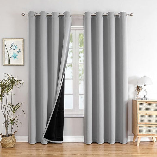 ChrisDowa 100% Blackout Curtains for Bedroom with Black Liner, 2 Thick Layers Total Blackout Thermal Insulated Grommet Long Window Curtains 2 Panels Set (Light Grey, 52 x 95 Inch)