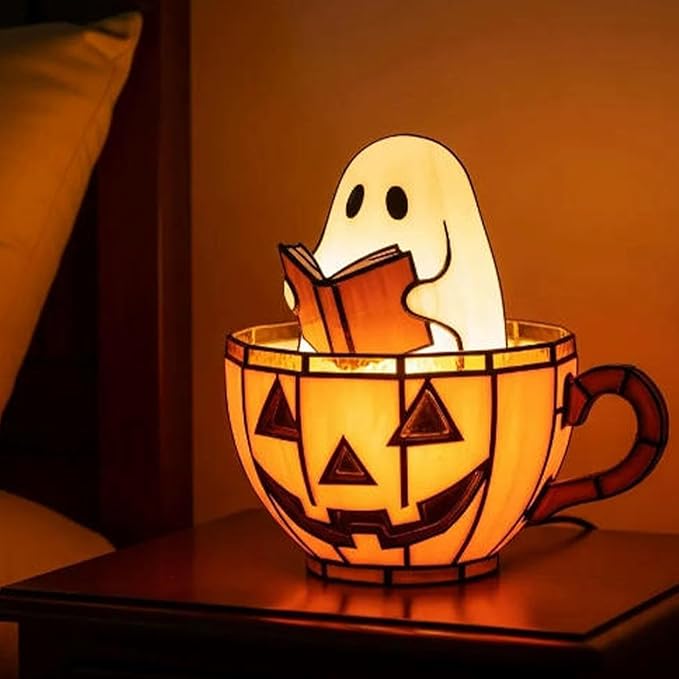 Cute Pumpkin Ghost Reading Book Lamp, USB Cute Spooky Night Light - Halloween Decor, Light Up Pumpkin Ghost Nightlight for Bathroom, Reading, Kids Room Gift
