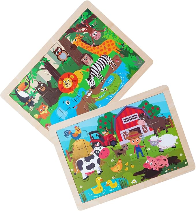 Animals Wooden Jigsaw Puzzle for Kids Set of 2 - African Wildlife and Farm Animals（15 pcs） Preschool Educational Learning Toys Gift for Toddlers Boys and Girls