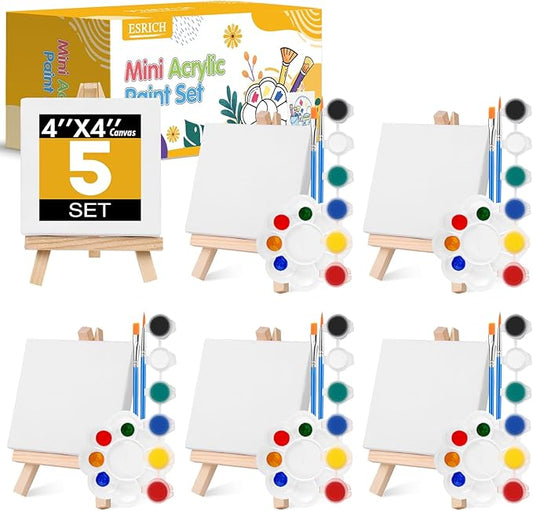 ESRICH 5 Set Mini Acrylic Paint Set,Minis Canvas Painting Kit,St. Patrick's Party Gifts,4 * 4in Canvas with Easel,Acrylic Paints,Brush,Palette,Mini Easel with Canvas for Kids Adults Painting Party