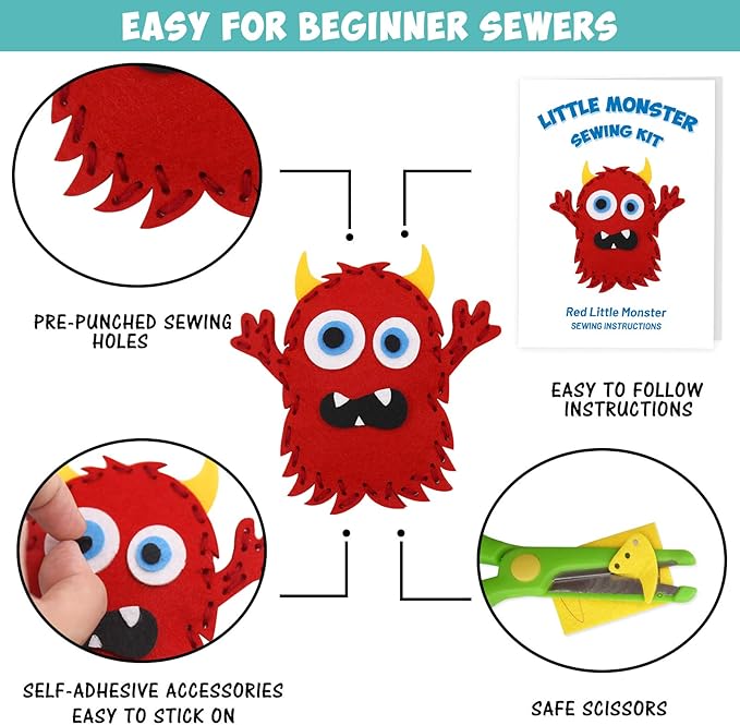 CiyvoLyeen Little Monsters Sewing Craft Kit for Children Adopt A Monster Felt Plush DIY Sewing Art Kids Educational Toys Monster Bash Craft Gift for Beginners Set of 8