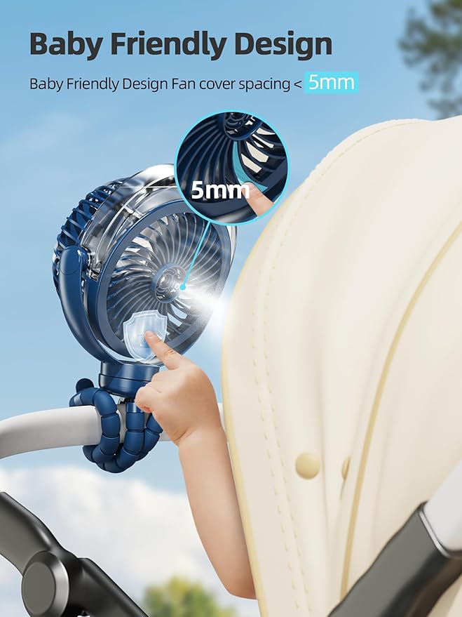 Misting Stroller Fan, 6000mAh Battery Operated Portable Fan with Light & 360° Pivoting, Personal Cooling Fans with Flexible Tripod for Baby, Office, Travel,Treadmill,Outdoors (Dark Blue)