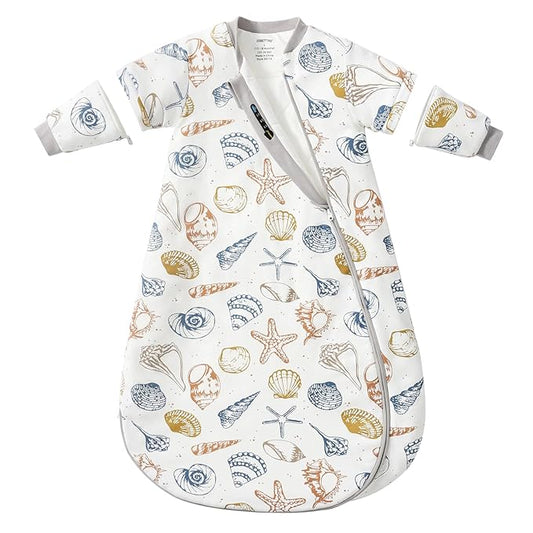 Baby Sleep Sack 3-6 Months, Cotton Detachable Long Sleeve Sleep Sack, 1.0 Tog Toddler Sleeping Sack with Temperature Strips, 2-Way Zipper Wearable Blankets for Newborns, Ocean