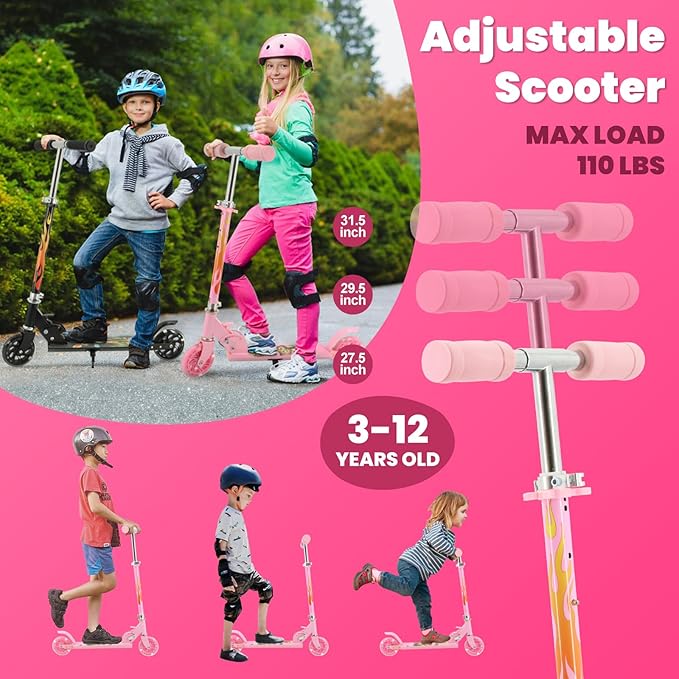 Scooter for Kids Ages 3+, Teens, Foldable Kick Scooter with Light up Wheels, Kickstand, 3 Adjustable Levels, Rear Brake, Lightweight Boys Girls Outdoor Toys for Kids 8-12, Pink