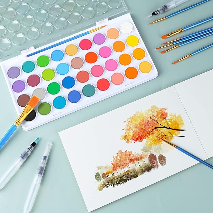 AROIC 65 Pieces Watercolor Paint Set,36 Colors Watercolor,10 Brushes,3 Refillable Water Brush Pens,16 Page Pad(8.5 * 5.5in),Profesional Watercolor Kit for Kids, Adults, Beginners