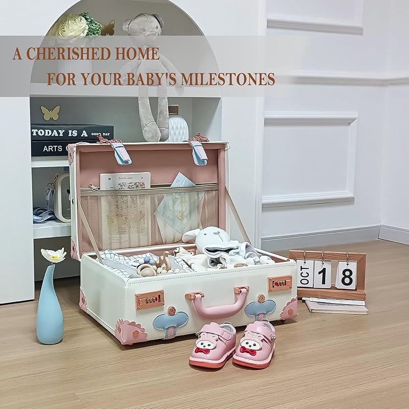 Unitravel Baby Keepsake Case, Handmade Memory Storage Box, Newborn Keepsake Box, Vintage Suitcase for Baby Shower, Baptism, Naming Ceremony or Birthday (cream white, 18")