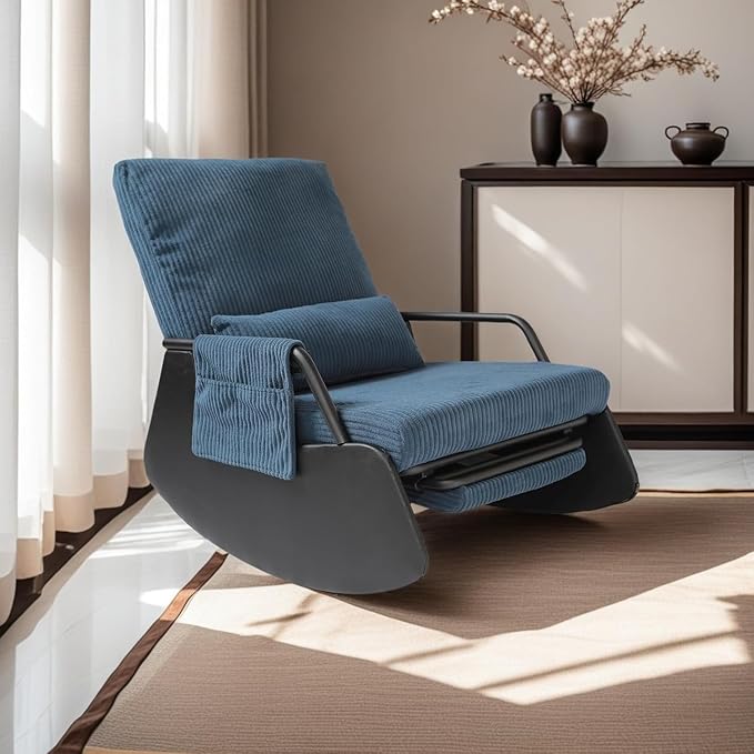 Rocking Chair for Nursery, Modern Upholstered Plush Seating Glider Recliner Chair with High Backrest and Side Pocket, Accent Armchair with Cushions for Living Room/Reading (Blue)