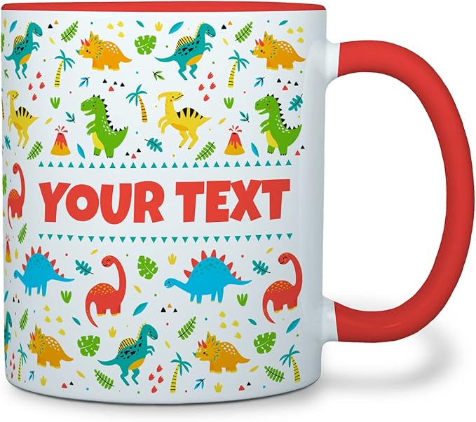 Personalized Mug for Kids - Dinosaurs - Custom Name/Text, Ceramic Hot Chocolate/Cocoa/Coffee Cup for Boys/Girls, Birthday/Christmas/Holiday Gift - 11 oz, Red Handle