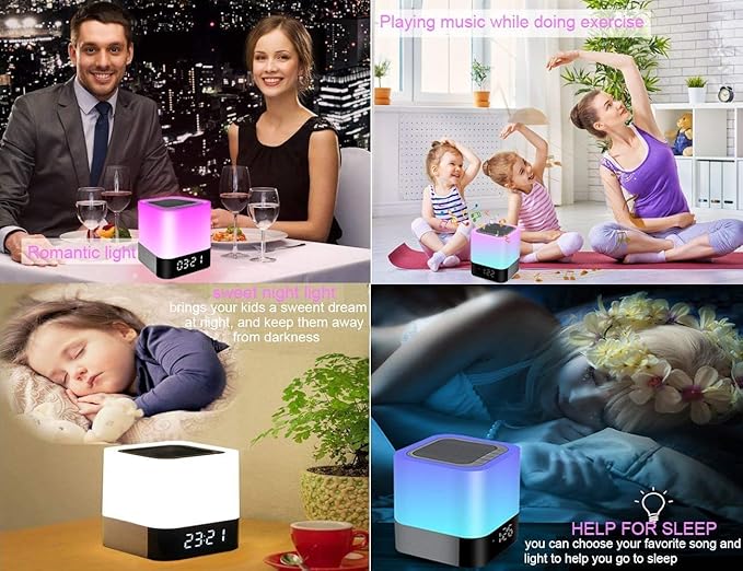 Night Lights Bluetooth Speaker, Alarm Clock Touch Sensor Dimmable Multi-Color Changing Bedside Lamp, MP3 Player, Wireless