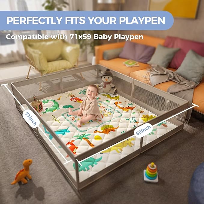 Baby Play Mat 71" X 59" Playpen Mat Upgraded Thicken Baby Floor Play Mat Non-Slip Cushioned Crawling Mat Waterproof Activity Playmats for Babies Toddlers Infants (71X59, Letter Dino)