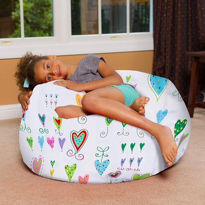 Posh Creations Bean Bag Chair for Kids, Teens, and Adults Includes Removable and Machine Washable Cover, Canvas Multi-Colored Hearts on White, 38in - Large