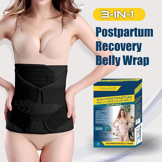 ChongErfei 3 in 1 Postpartum Belly Wrap - Recovery Belly/Waist/Pelvis Belt Black Postpartum Belly Band, Black XL