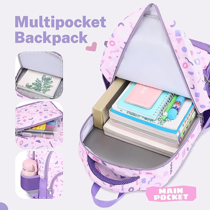 mygreen 3PCS Kids Backpack Set - Waterproof Bookbag with Lunch Box for Girls Ages 3-12, Adorable Cartoon Prints for School & Outdoor Use Pink Fairy Elf