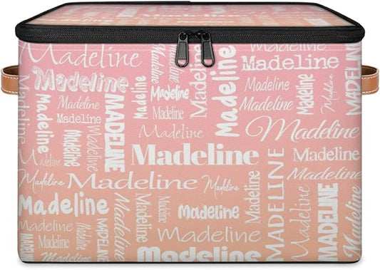 Custom Storage Basket with Name, Personalized Storage Bins with Zipper Lid, Foldable Fabric Storage Box Large capacity with Handle Pink Orange
