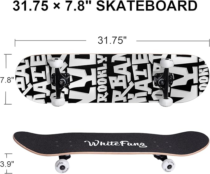 WhiteFang Skateboards for Beginners, Complete Skateboard 31 x 7.88, 7 Layer Canadian Maple Double Kick Concave Standard and Tricks Skateboards for Kids and Beginners
