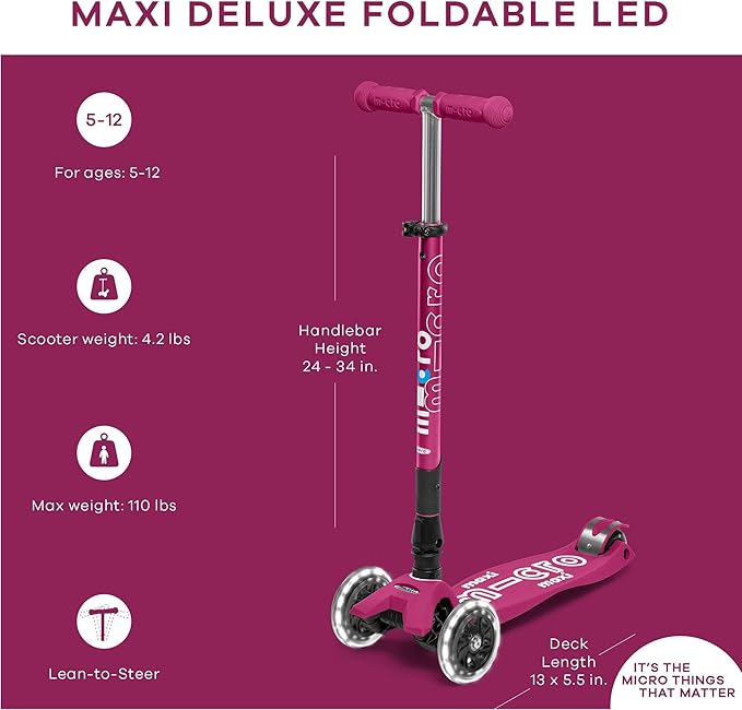 Micro Kickboard - Maxi Deluxe Foldable LED - Three Wheeled, Lean-to-Steer, Fold-to-Carry Swiss-Designed Micro Scooter for Kids with Motion-Activated Light-Up Wheels for Ages 5-12