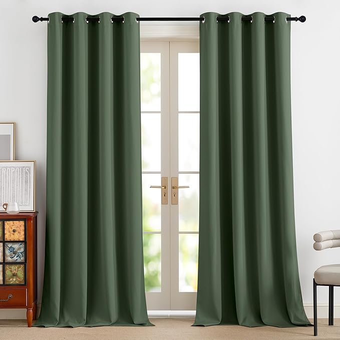 NICETOWN 100% Blackout Greyish Green Window Curtains 96 inches Long 2 Panels Set for Bedroom, Thermal Insulated Grommet Drapes, Room Darkening Curtain for Living Room(W52 x L96 Inch)